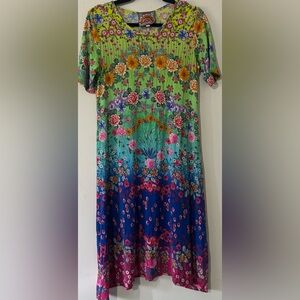 Johnny Was Green and Blue Floral Midi Dress
